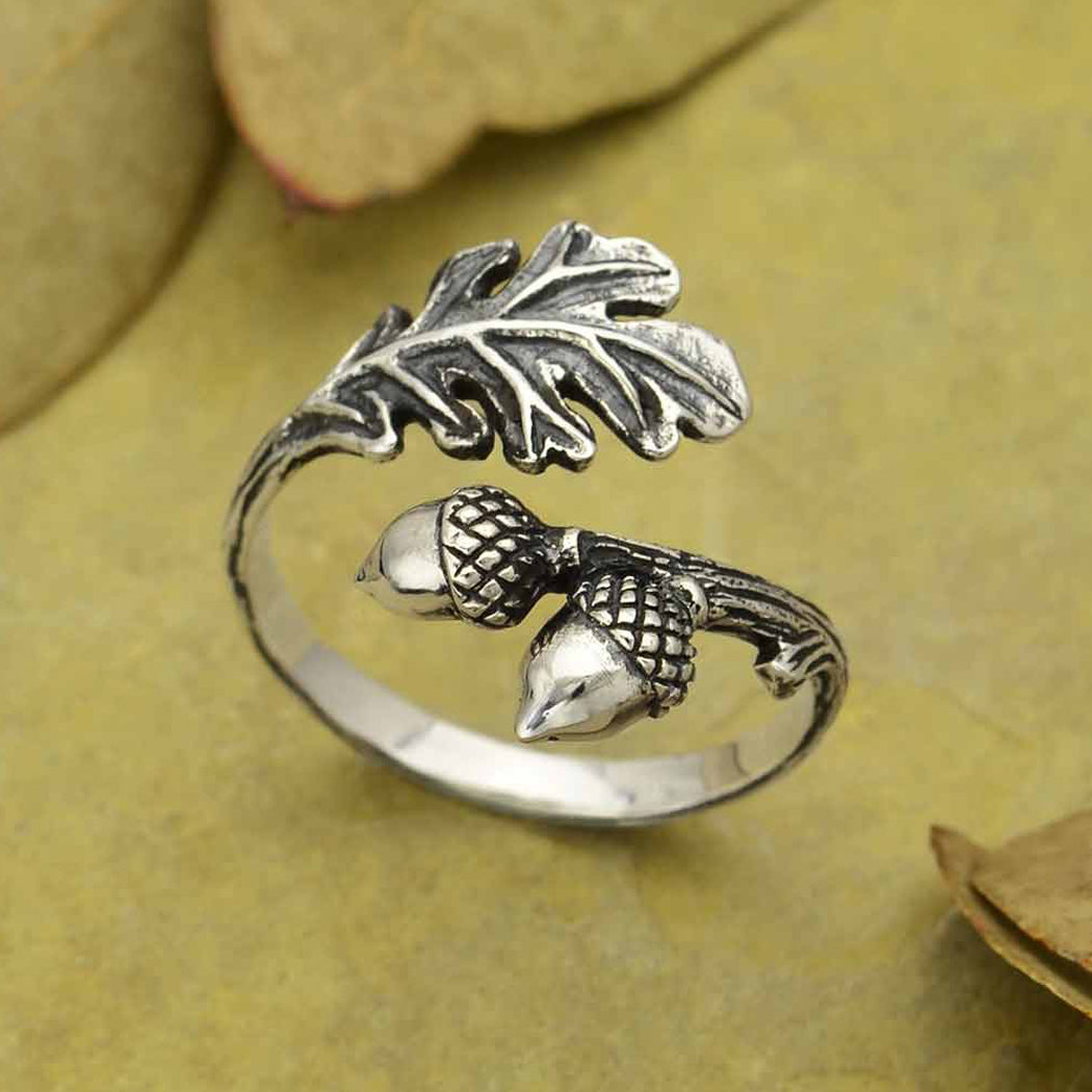 Sterling Silver Acorn & Oak Leaf Adjustable Ring